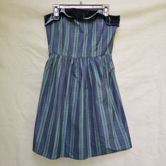 Vineyard Vines Green Blue Tartan Plaid Velvet Strapless Party Dress Sz 8 Velvet - Picture 1 of 7
